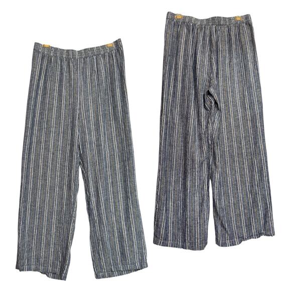Linda Anderson Pants - Wide Leg Crop Pants Blue Stripe Linen Blend Pull-On L Metallic Lagenlook